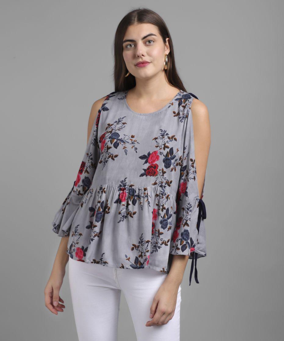 Women's Rayon Floral Print Cold Shoulder Top