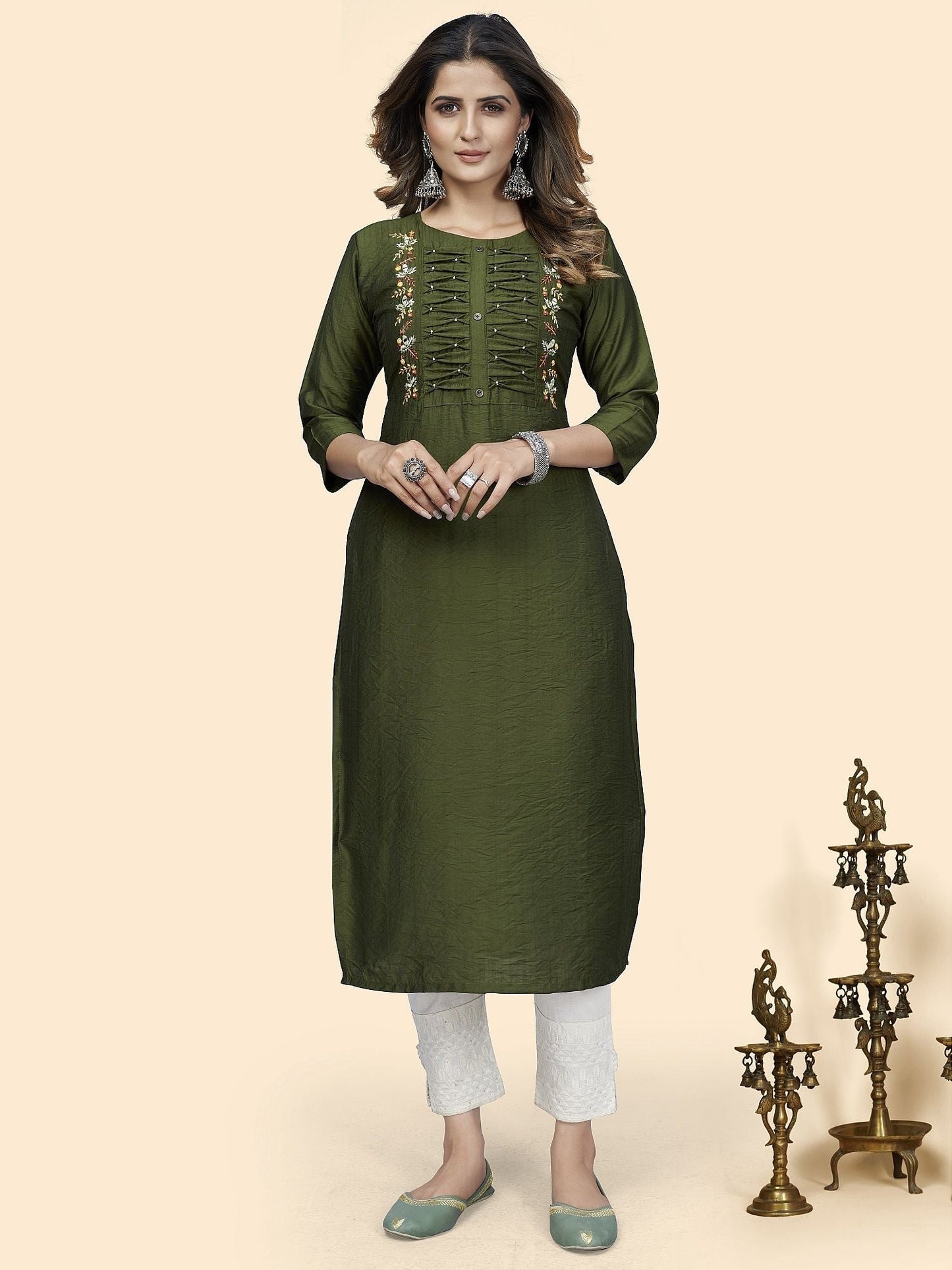 Vbuyz Women's Embroidered Straight Viscose Green Stitched Kurta