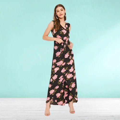 UPTOWNIE Women's Crepe Floral Wrap Tie-Up Jumpsuit