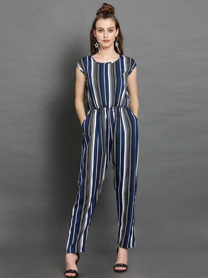 Darzi Women's Crepe Stripe Print Cap Sleeves Jumpsuit